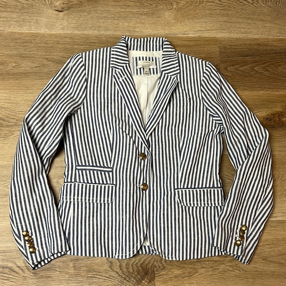 J Crew Linen Blue White Nautical Stripe Gold Button Schoolboy Blazer size 2